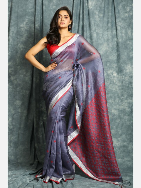 

Charukriti Purple & Silver-Toned Woven Design Handloom Saree