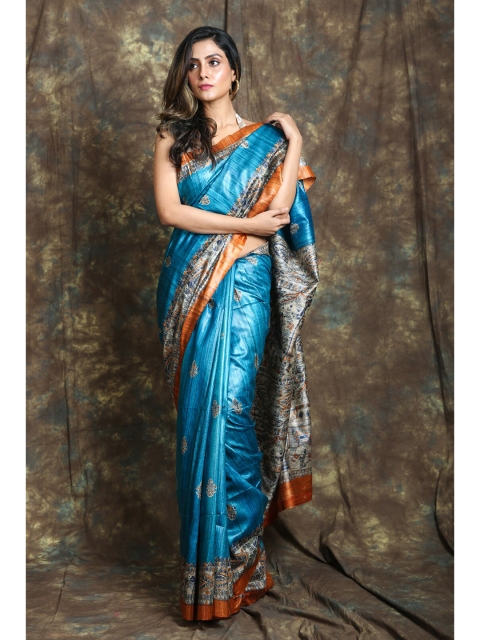 

Charukriti Blue & Orange Woven Design Pure Silk Saree