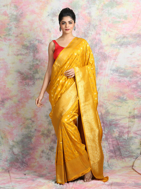 

Charukriti Yellow & Gold-Toned Woven Design Zari Pure Cotton Saree