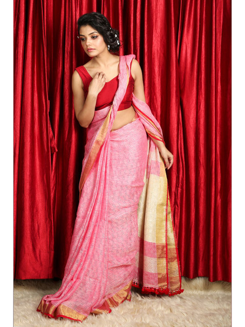 

Charukriti Pink & Beige Woven Design Pure Linen Saree