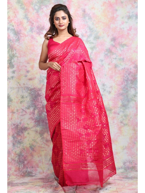 

Charukriti Pink & Gold-Toned Woven Design Zari Silk Cotton Jamdani Saree