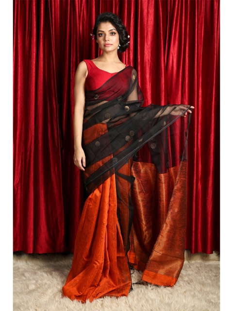 

Charukriti Orange & Black Woven Design Pure Silk Saree