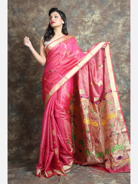 

Charukriti Pink & Gold-Toned Woven Design Saree