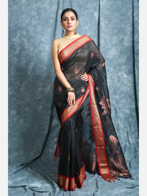 

Charukriti Black & Red Woven Design Zari Pure Silk Saree
