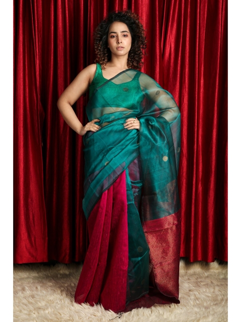 

Charukriti Pink & Green Woven Design Handloom Pure Silk Saree