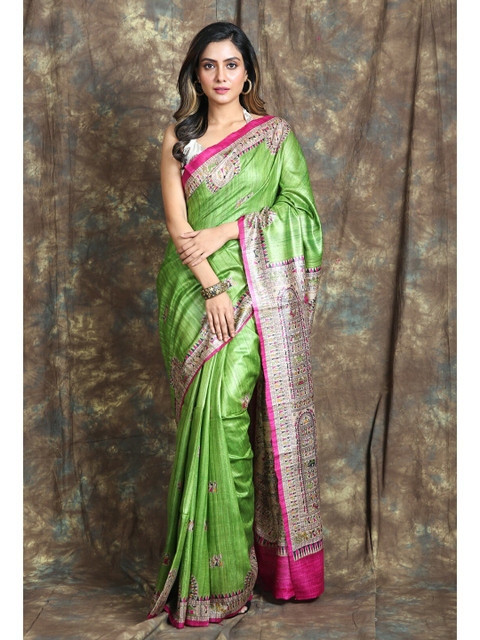 

Charukriti Green & Pink Warli Printed Pure Silk Saree