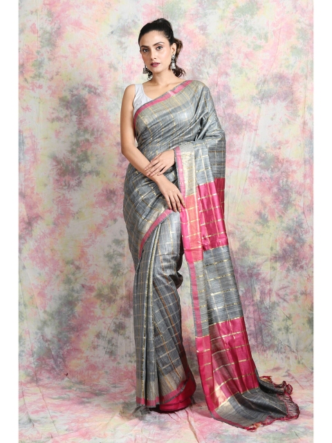 

Charukriti Steel & Pink Checked Zari Pure Silk Saree