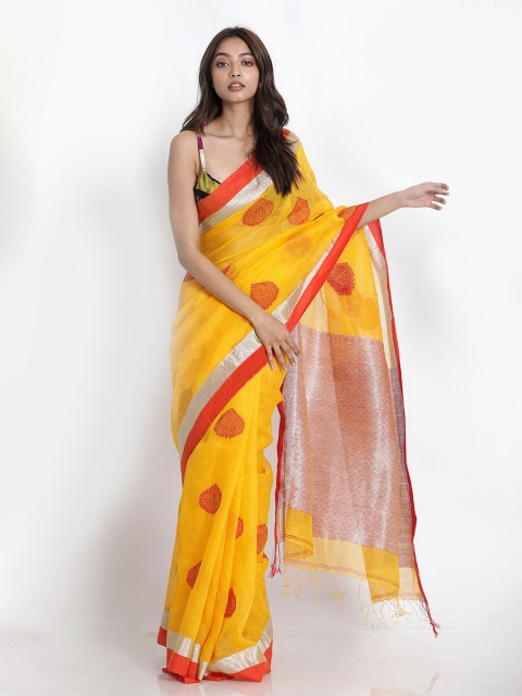 

Charukriti Yellow & Silver-Toned Ethnic Motifs Printed Handloom Saree