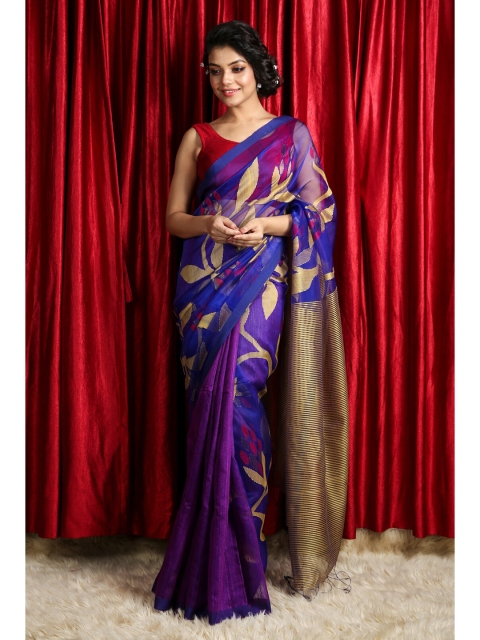 

Charukriti Blue & Gold Woven Design Pure Silk Saree