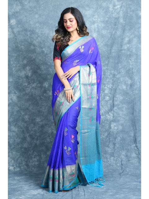 

Charukriti Blue & Silver-Toned Woven Design Pure Silk Saree
