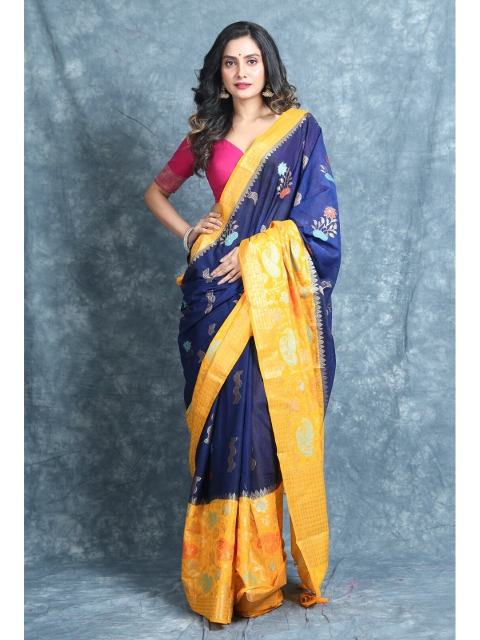 

Charukriti Blue & Yellow Floral Printed Zari Border Pure Silk Saree