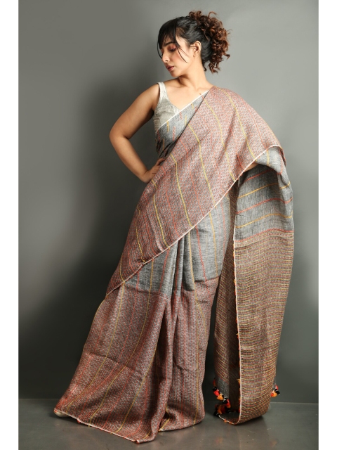 

Charukriti Grey & Pink Striped Kantha Work Saree