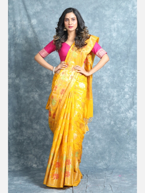

Charukriti Yellow & Gold-Toned Woven Design Zari Pure Silk Saree