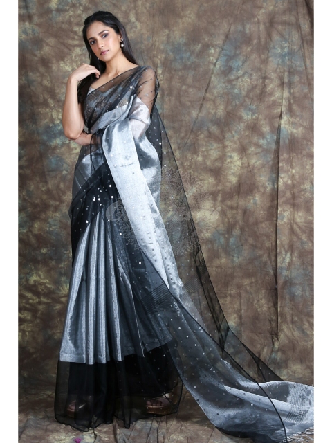 

Charukriti Black & Grey Woven Design Sequins Handloom Saree