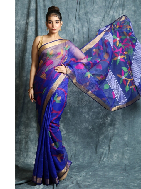 

Charukriti Blue & Gold-Toned Floral Printed Pure Silk Saree
