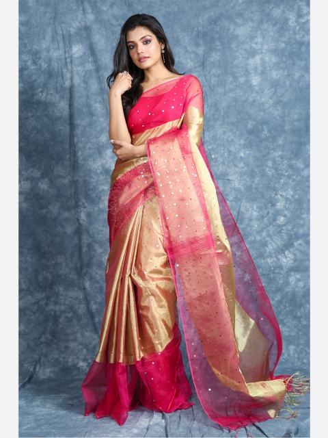 

Charukriti Pink & Gold-Toned Embellished Sequinned Saree
