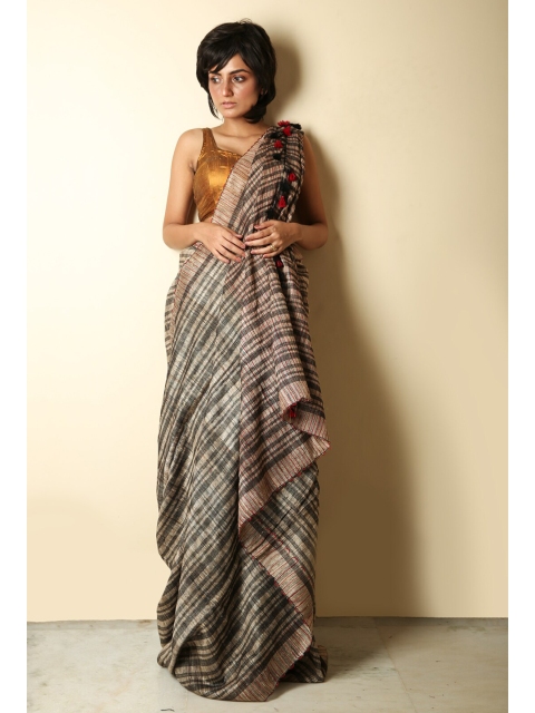 

Charukriti Beige & Black Abstract Striped Pure Silk Saree