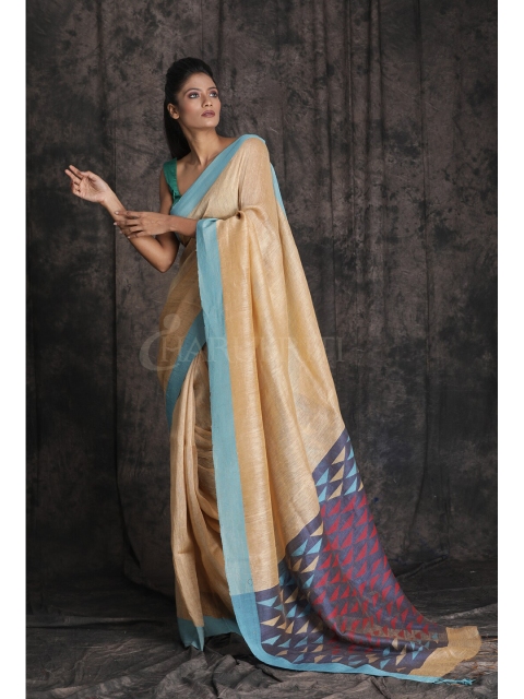 

Charukriti Beige & Blue Pure Silk Saree
