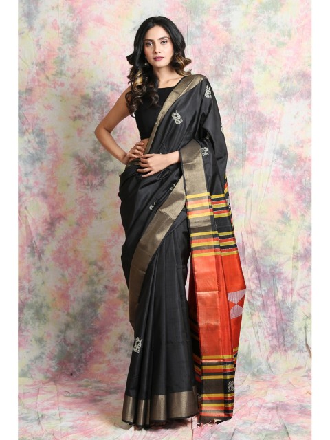 

Charukriti Black & Orange Woven Design Zari Pure Silk Saree