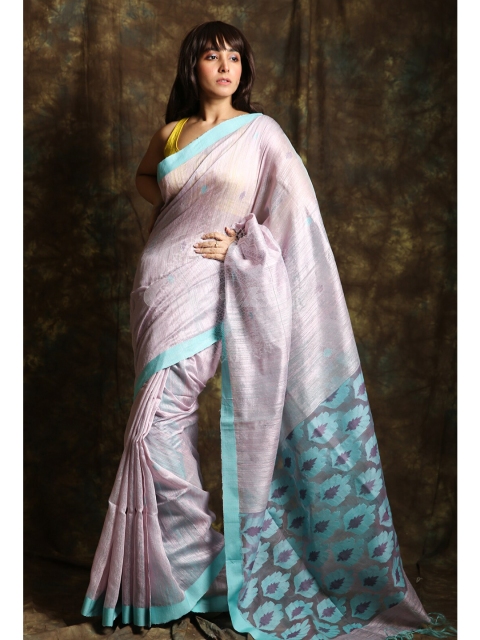 

Charukriti Pink & Blue Woven Design Embellished Pure Silk Saree