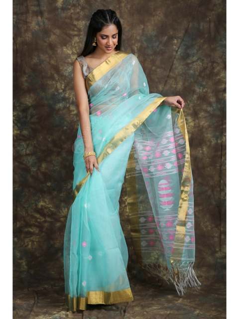 

Charukriti Turquoise Blue & Gold-Toned Woven Design Zari Pure Silk Jamdani Saree