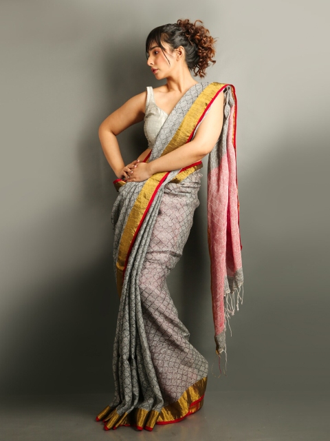 

Charukriti Grey & Gold-Toned Woven Design Zari Pure Linen Saree