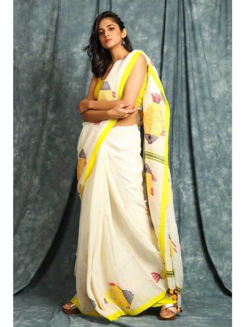 

Charukriti White & Yellow Abstract Woven Design Handloom Saree