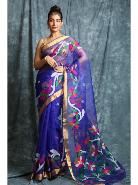 

Charukriti Blue & Gold-toned Floral Woven Design Embellished Saree