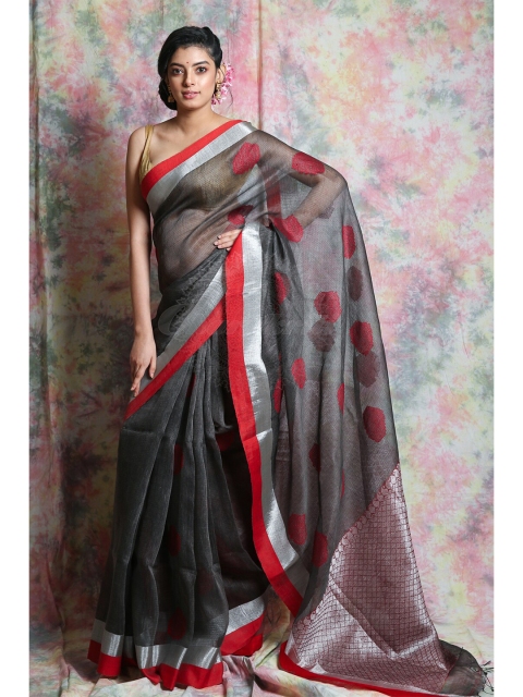 

Charukriti Grey & Red Woven Design Pure Linen Saree