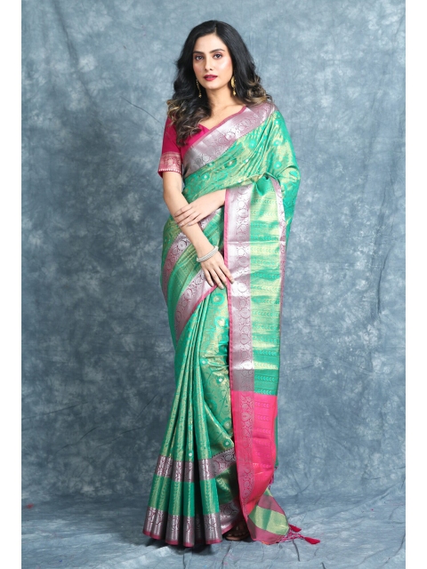 

Charukriti Green & Silver-Toned Woven Design Zari Pure Silk Kanjeevaram Saree