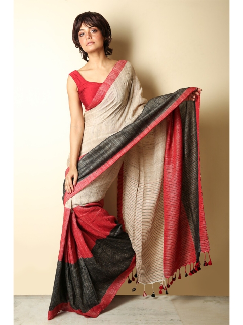 

Charukriti Red & Beige Colourblocked Pure Silk Saree