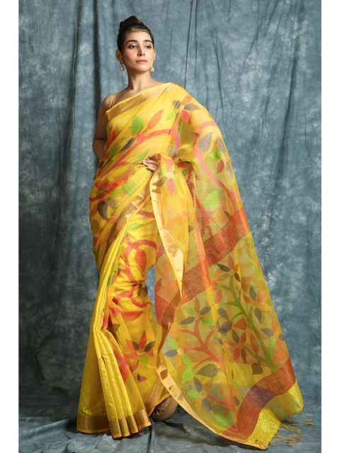 

Charukriti Yellow & Red Floral Woven Design Embellished Pure Silk Saree