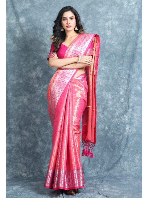 

Charukriti Pink & Gold-Toned Floral Printed Pure Silk Saree