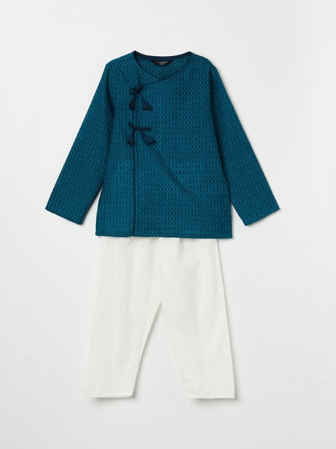 

Melange by Lifestyle Boys Teal Ethnic Motifs Angrakha Pure Cotton Kurta with Pyjamas