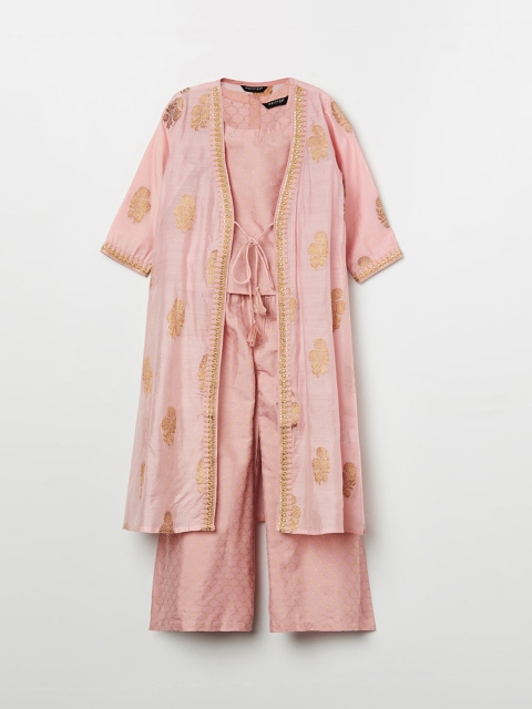 

Melange by Lifestyle Girls Pink Ethnic Motifs Printed High Slit Top & Trousers With jacket