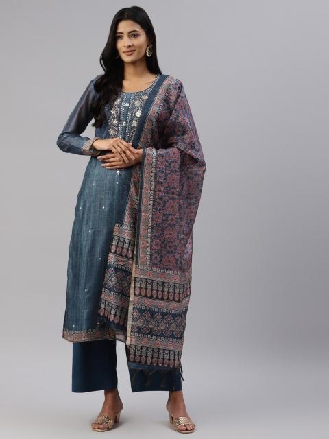 

Readiprint Fashions Teal Blue & Red Embellished Unstitched Dress Material