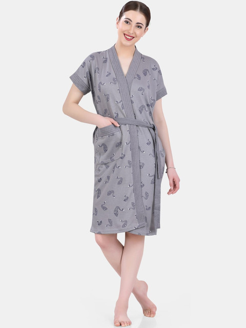 

POPLINS Women Grey & White Printed Bathrobe