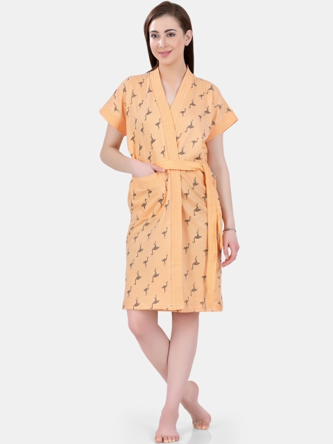 

POPLINS Women Peach-Coloured & Grey Printed Bath Robe