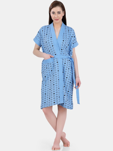 

POPLINS Women Blue & Black Printed Terry Bath Robe