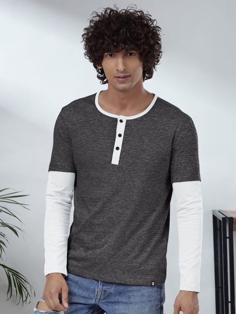 

The Souled Store Men Grey & White Colourblocked Henley Neck T-shirt