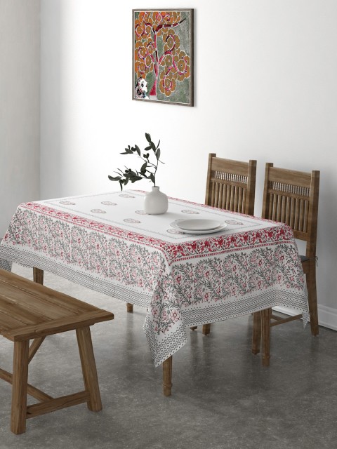 

EK White & Red Floral Printed 120 TC Pure Cotton 4 Seater Table Cover