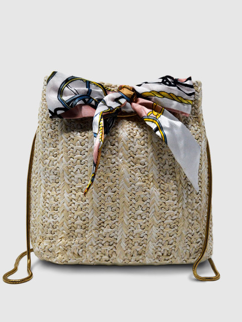 

LYKKEIN Beige Printed Twilly Scarf Bucket Bag