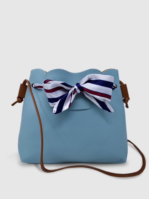 

LYKKEIN Woman Blue PU Bucket Sling Bag with Bow Detail