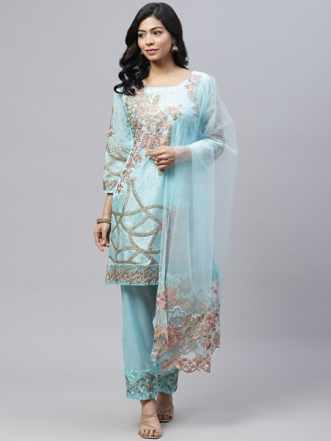 

Readiprint Fashions Women Blue & Beige Embroidered Unstitched Kurta Set Material