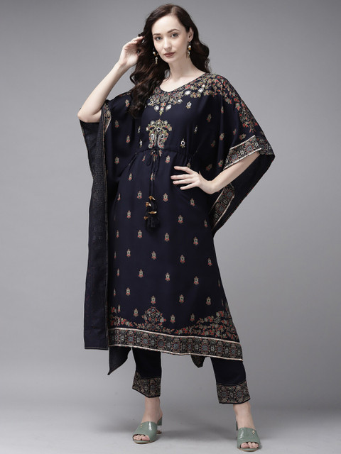 

Indo Era Women Navy Blue Ethnic Motifs Embroidered Kaftan Kurta with Trousers