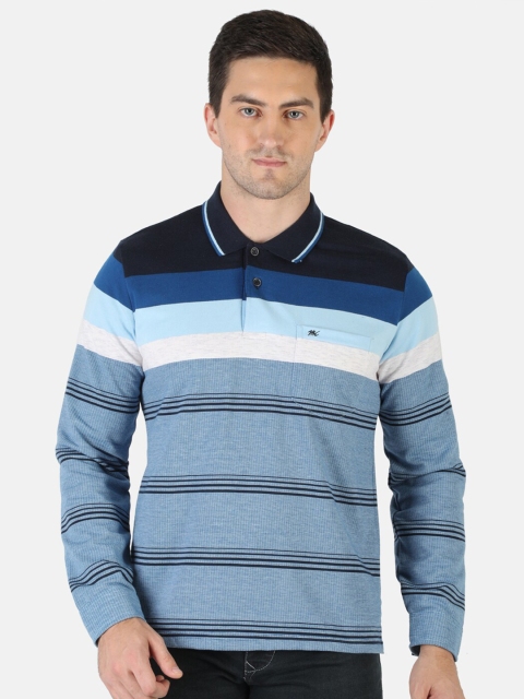 

Monte Carlo Men Blue & White Striped Polo Collar Pockets T-shirt