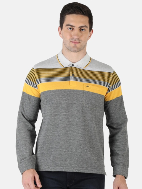 

Monte Carlo Men Grey Melange & Yellow Striped Polo Collar Pockets T-shirt