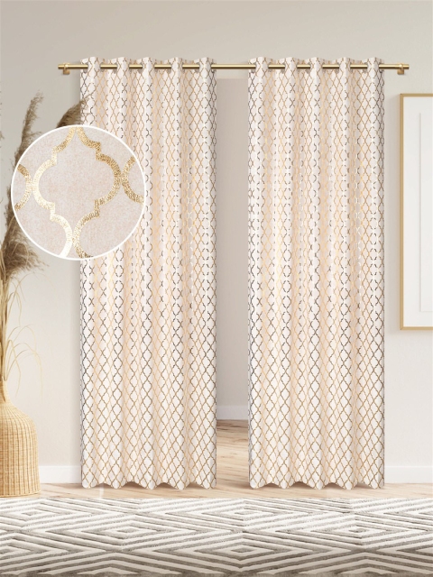 

DREAM WEAVERZ Cream & Gold-Toned Set of 2 Geometric Room Darkening Door Curtain