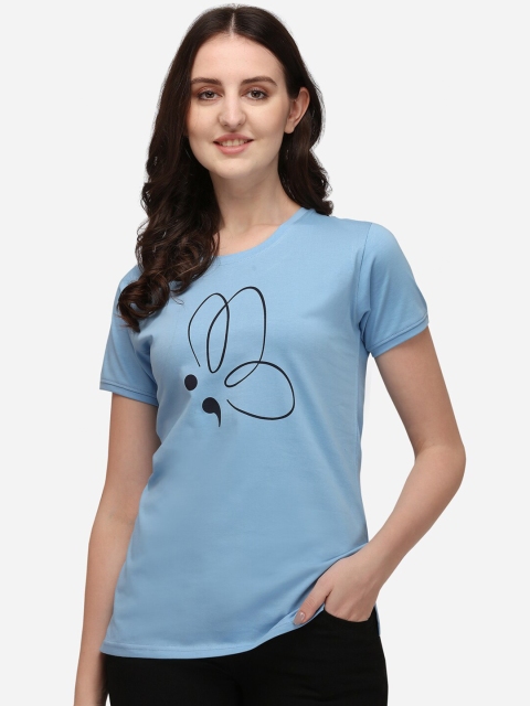 

Lenissa Women Blue Printed Bio Finish Applique Cotton T-shirt