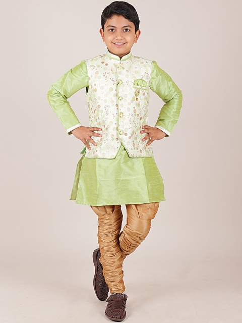 

Pothys Boys Green & Khaki Jacquard Printed Sherwani Set